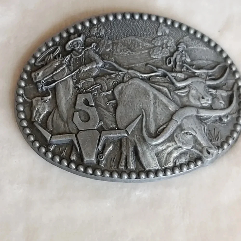 Vintage Silver Pewter‎ Western Cattle Drive Belt Buckle Zee Series